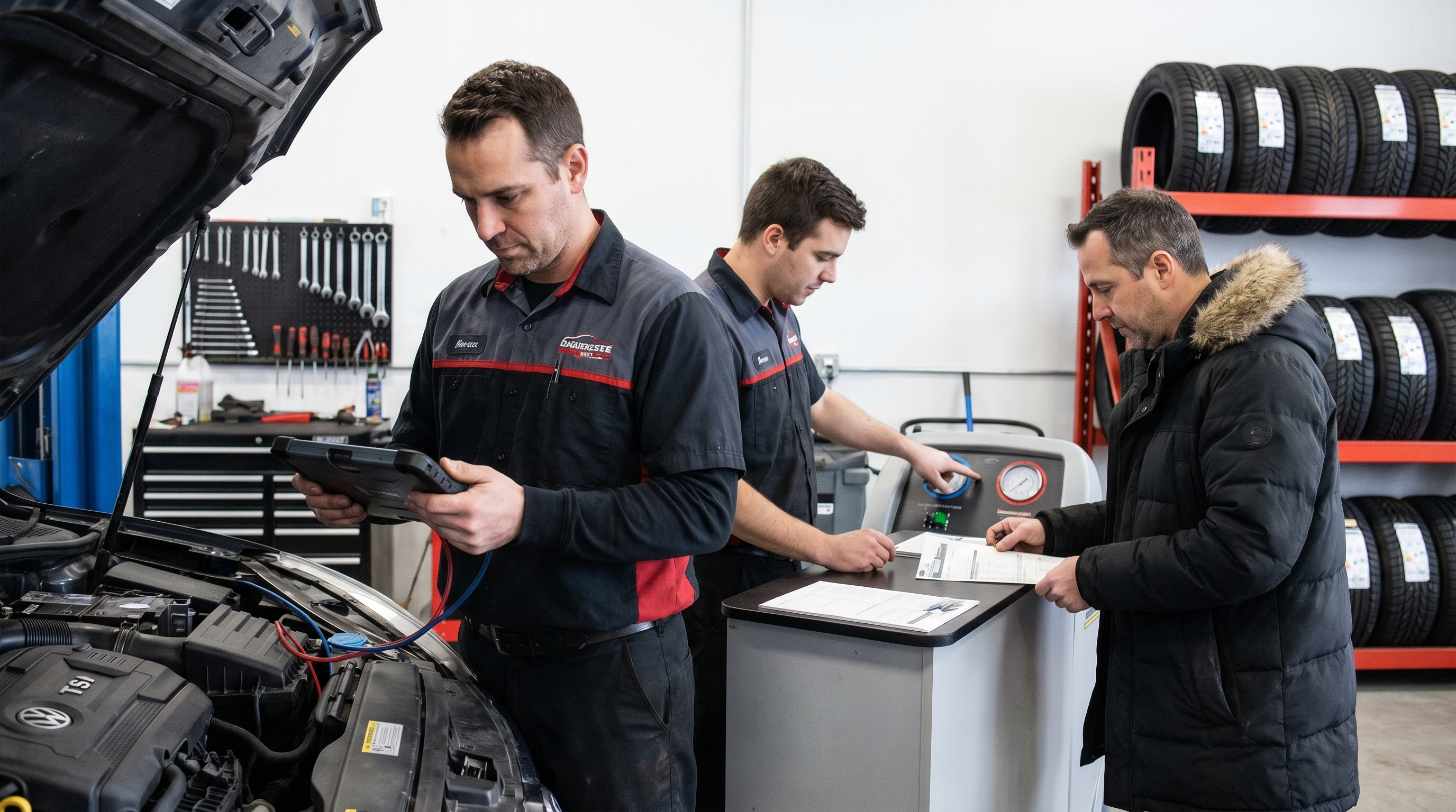Mechanic inspecting a car air conditioning compressor in a garage