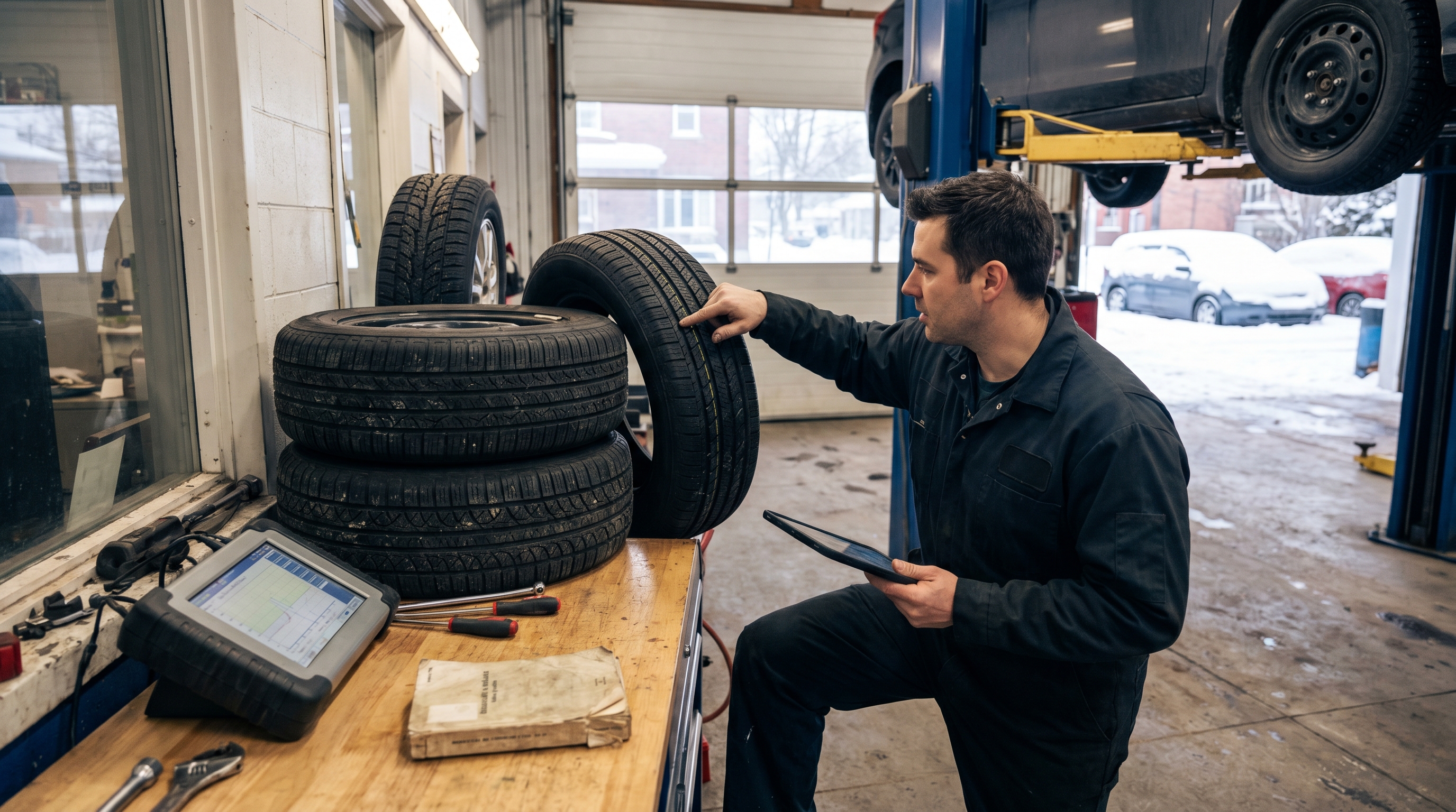 Car tire tread comparison showing all-season, all-weather with 3PMSF symbol, and winter tire siping patterns.