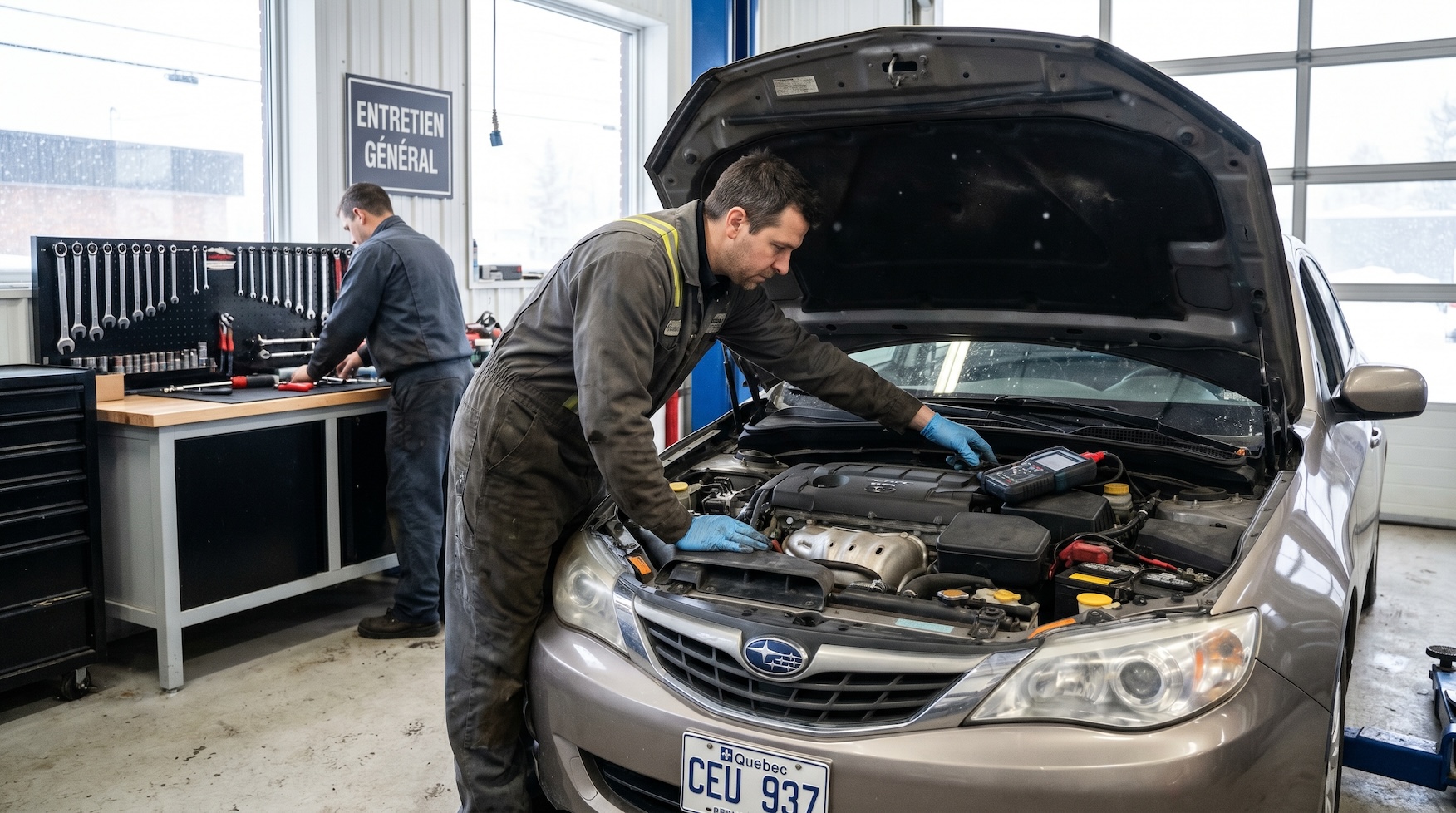 Mechanic testing a car battery in a snowy Quebec driveway