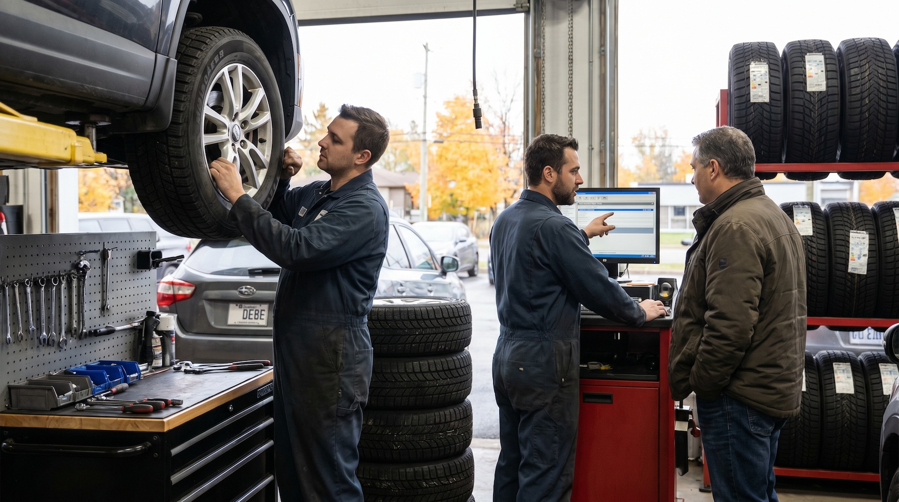 Mechanic measuring brake rotor thickness with a micrometer in a Quebec garage
