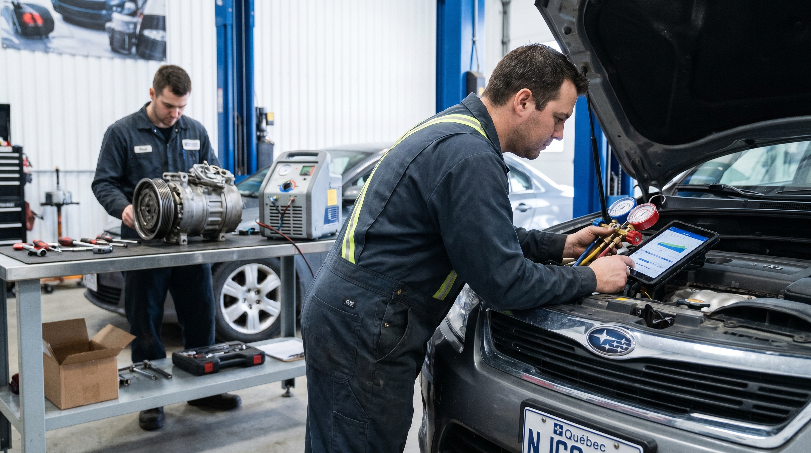 Mechanic inspecting a car air conditioning compressor under the hood during summer.
