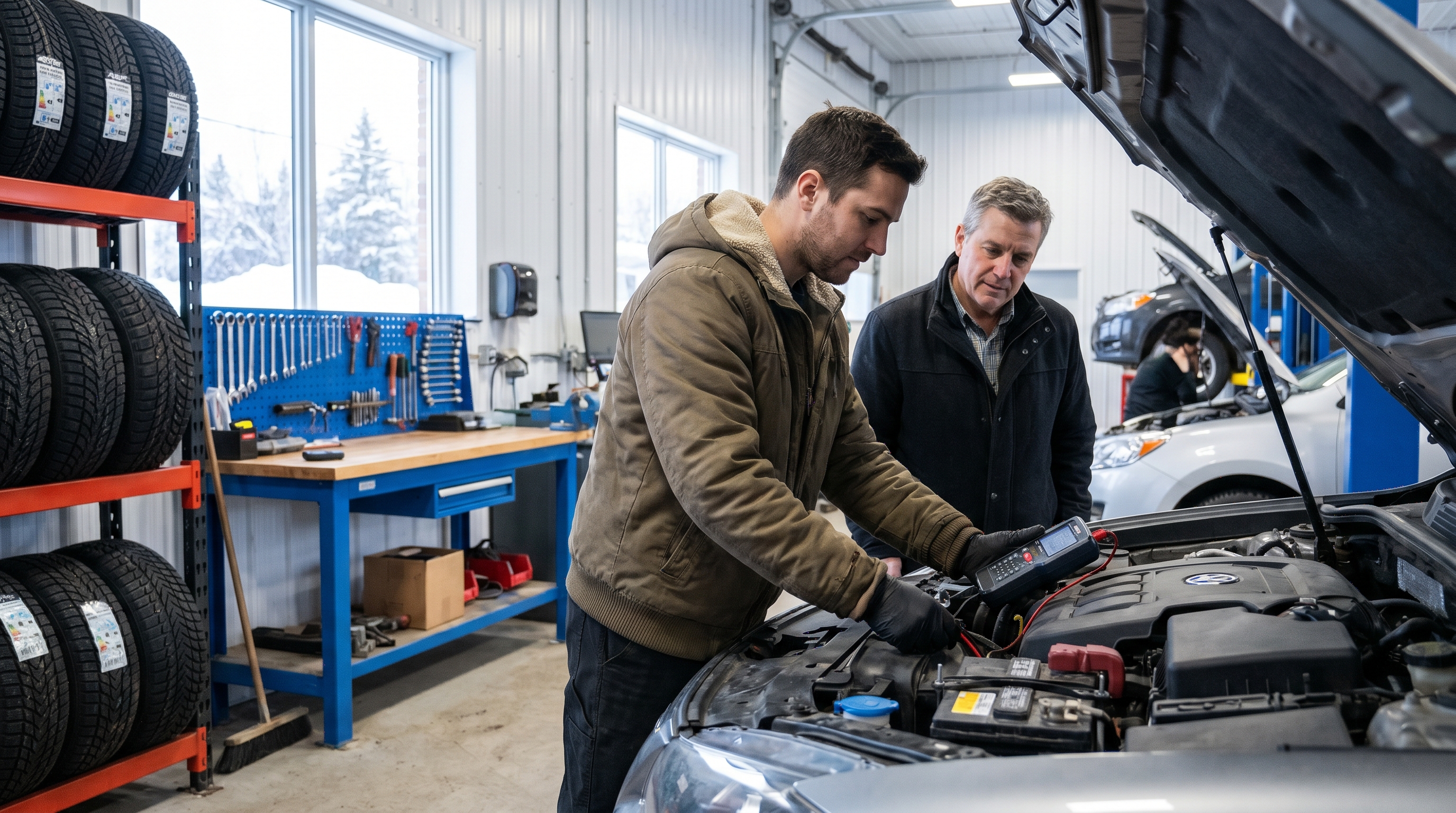 Mechanic performing a winter diagnostic test on a car battery using a digital multimeter in a Canadian garage.