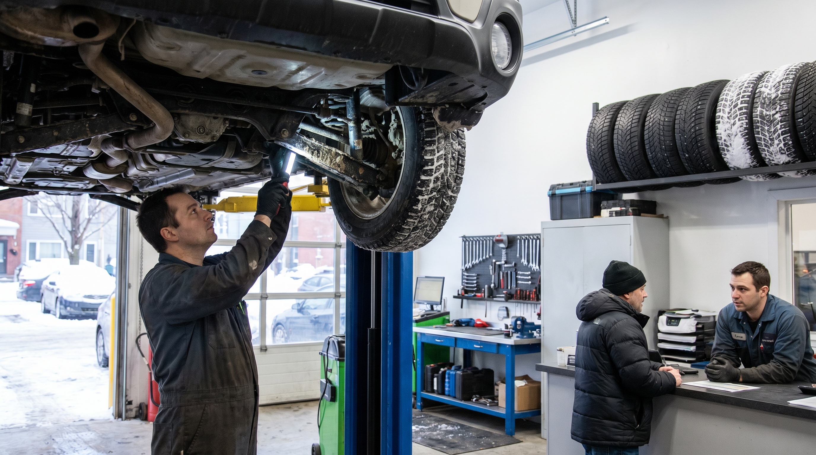 Mechanic inspecting a corroded front suspension strut under a vehicle on a hoist