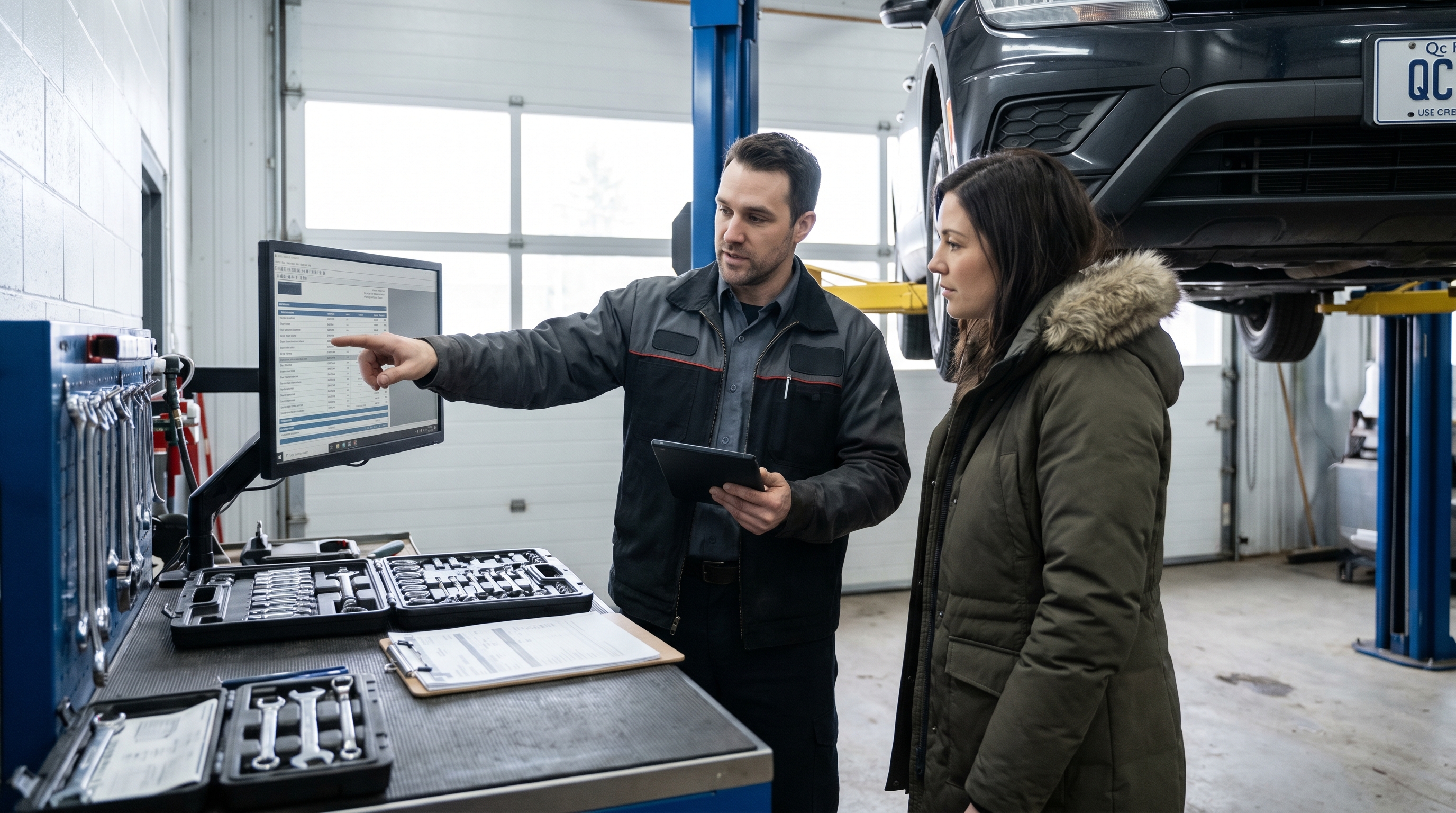 A person using a tablet to compare two different itemized auto repair estimates side-by-side on a desk.