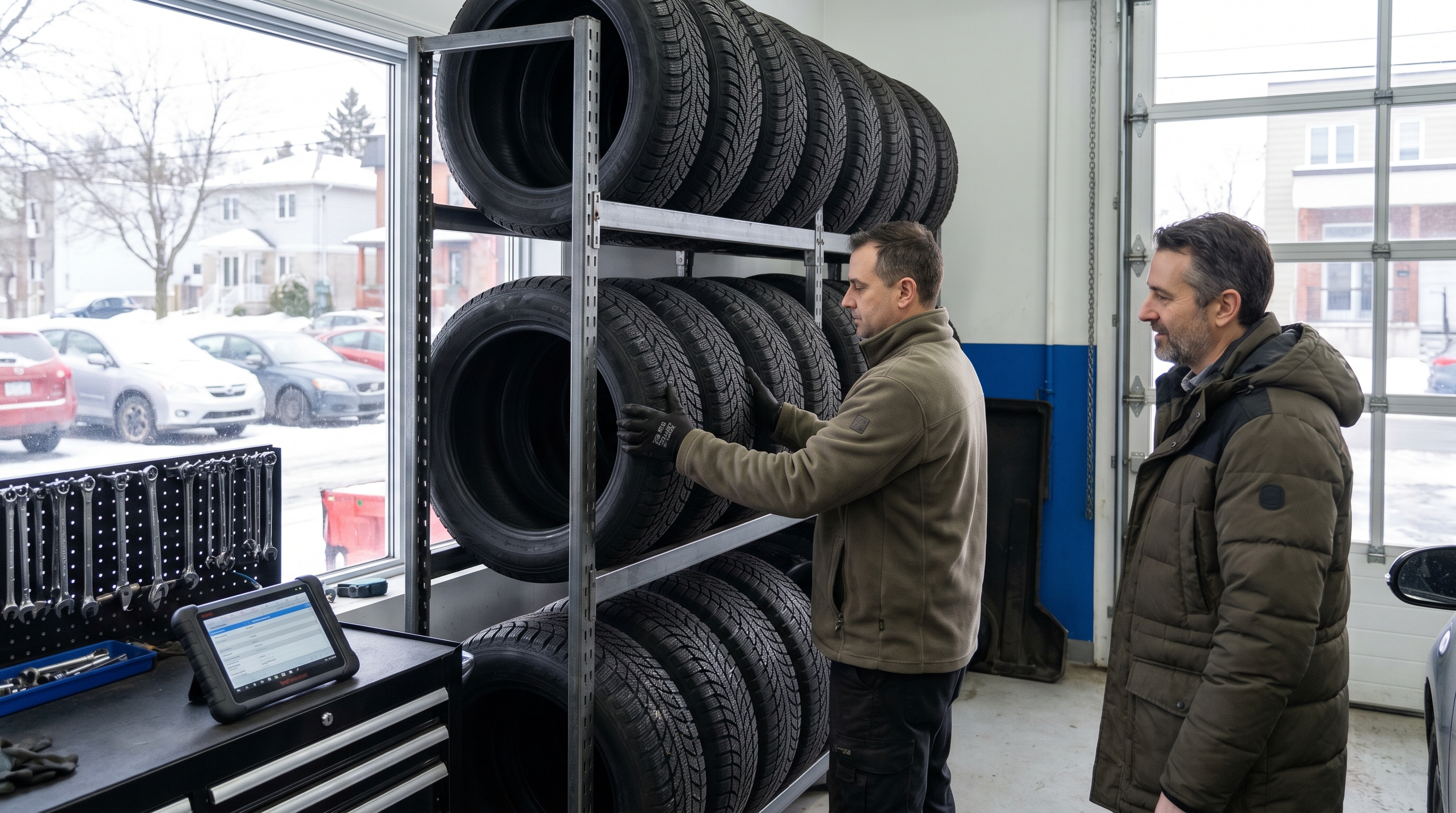 Four clean seasonal tires properly stacked horizontally on a wooden pallet in a dark, dry residential garage.