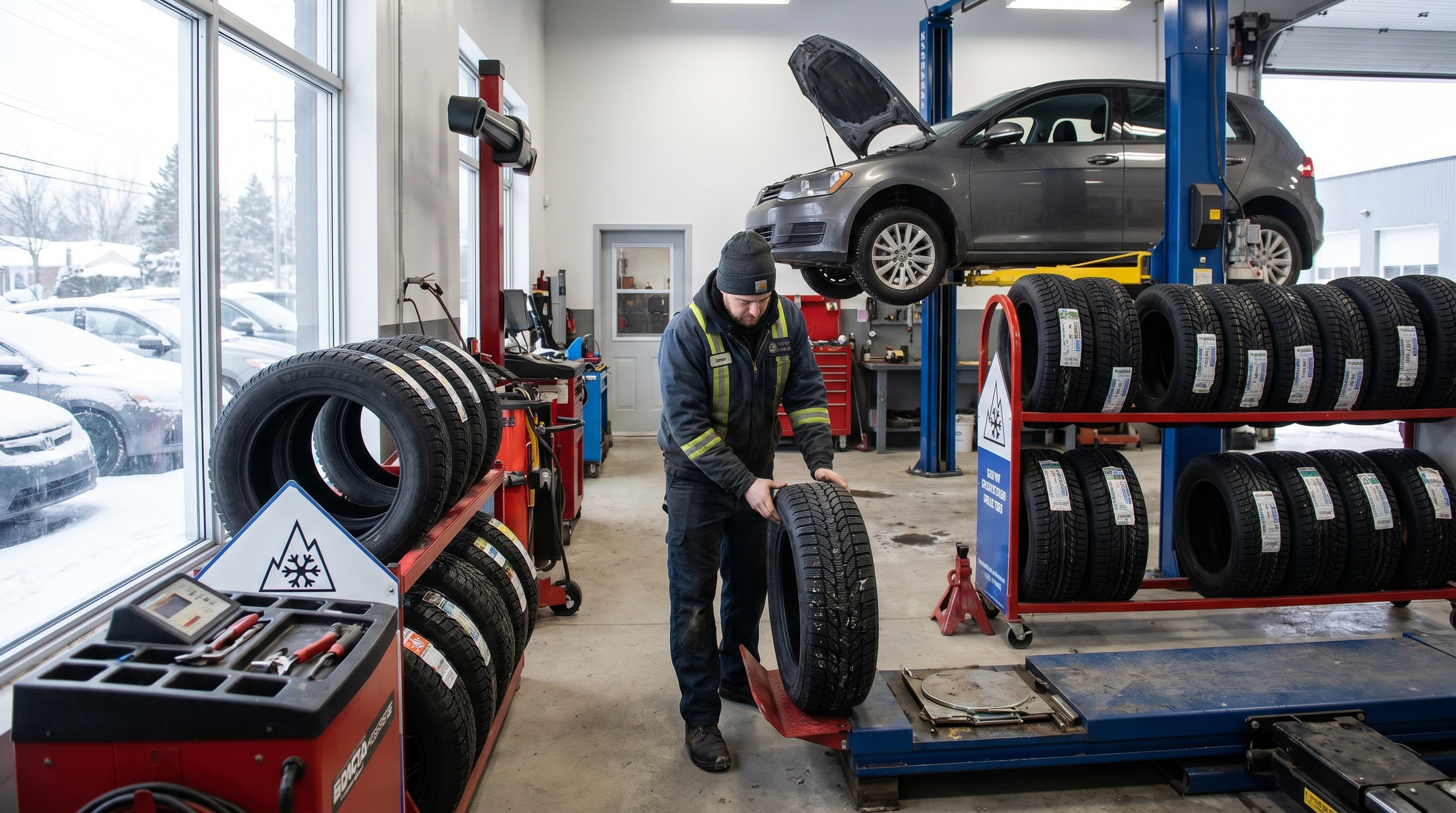 Checklist graphic showing a Canadian car battery, winter tire, and snow brush ready for winter maintenance.