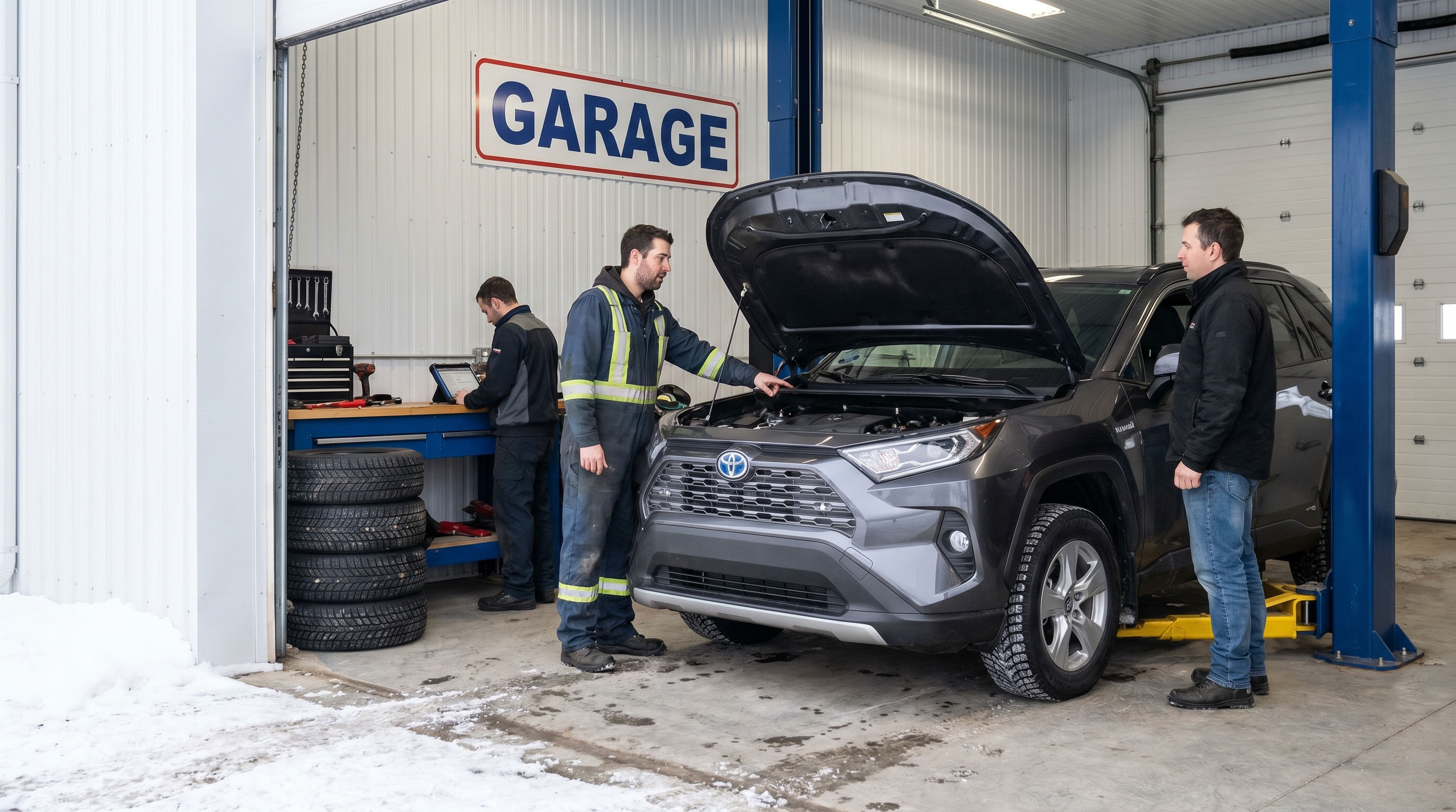 A mechanic inspecting the brake rotor on a hybrid vehicle in a Canadian garage.