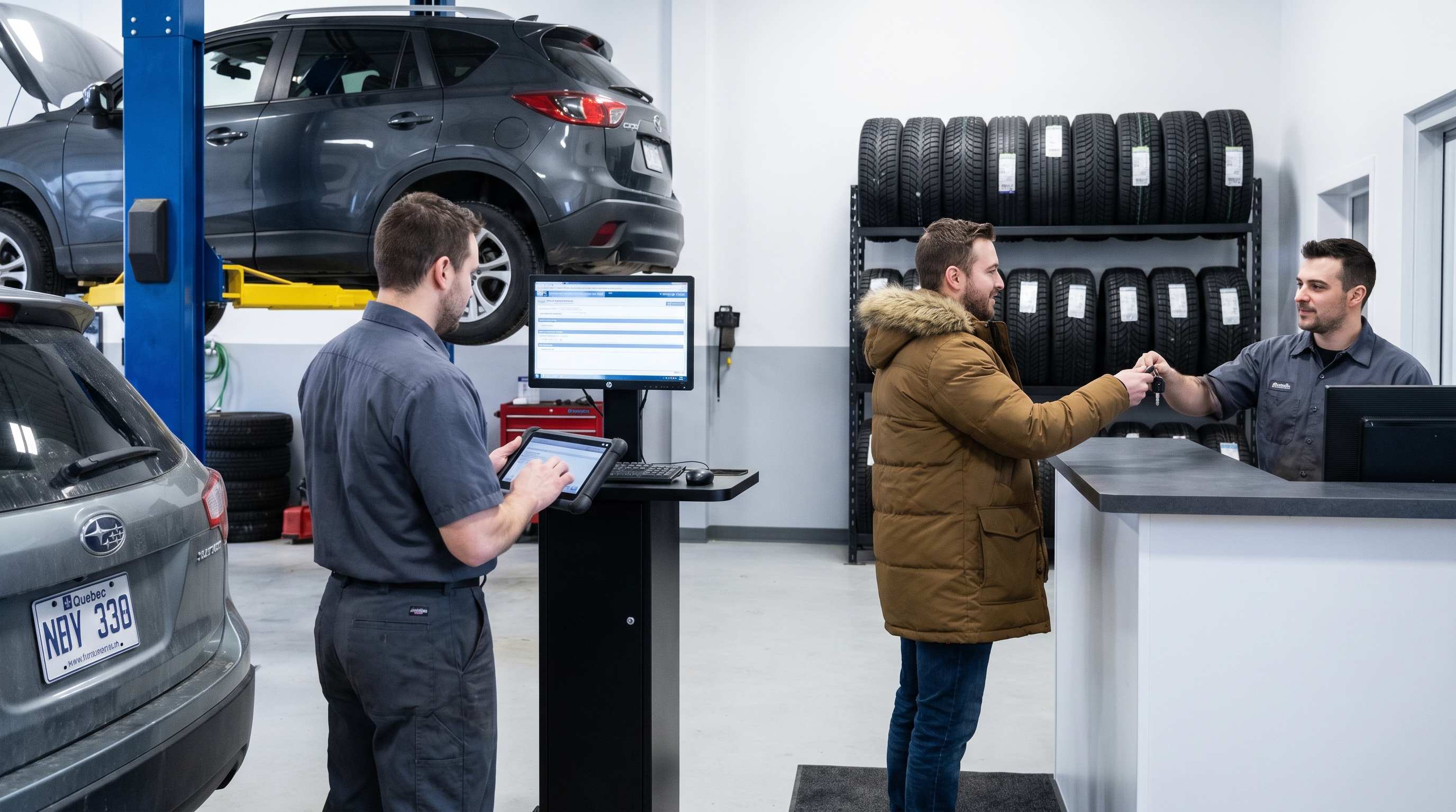 Mechanic inspecting a used car engine with diagnostic tools in a professional garage setting