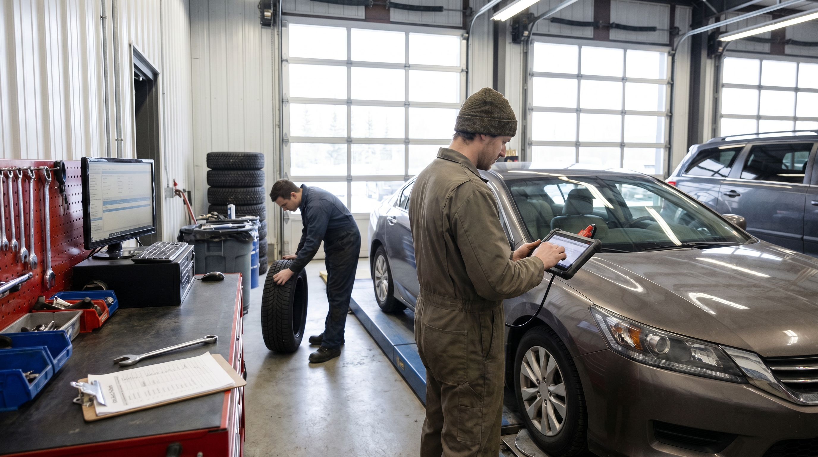 Mechanic inspecting a vehicle's undercarriage on a lift at a licensed New York State inspection station
