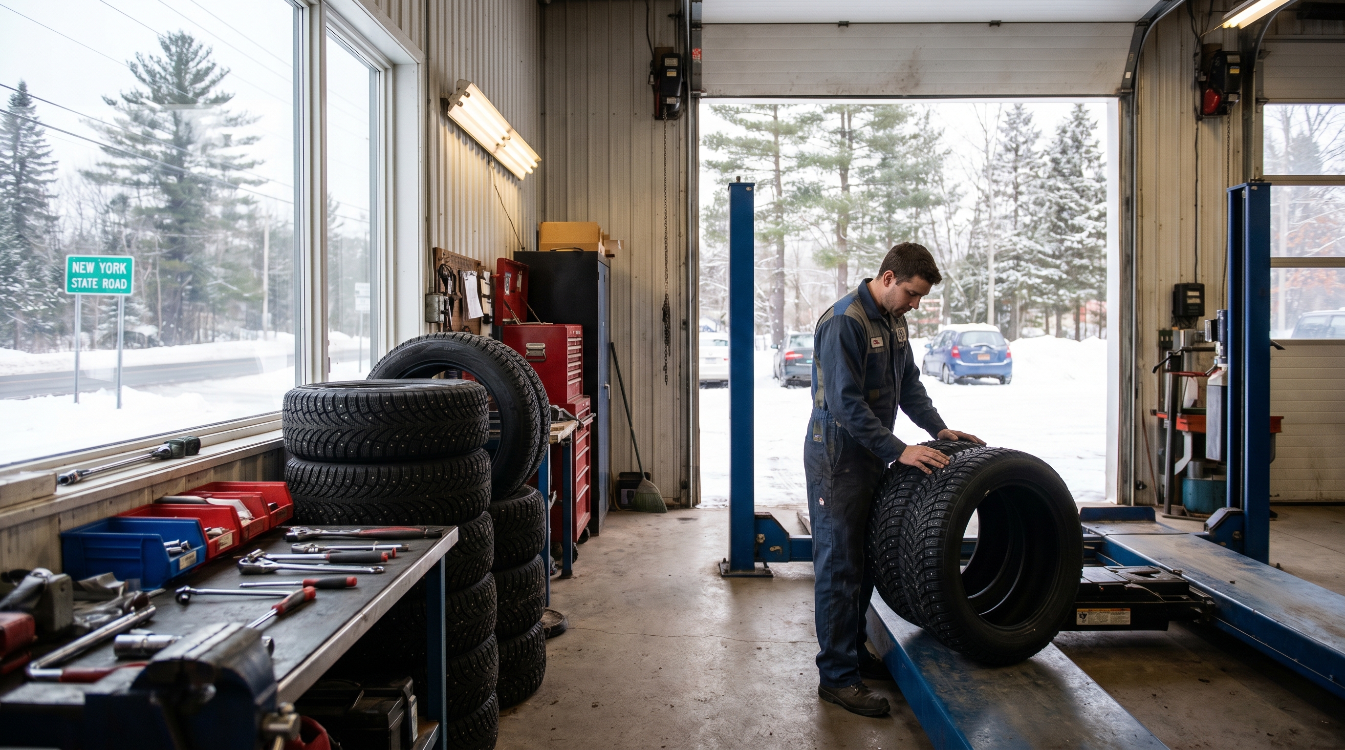 Close-up of a studded winter tire on a snowy road in upstate New York