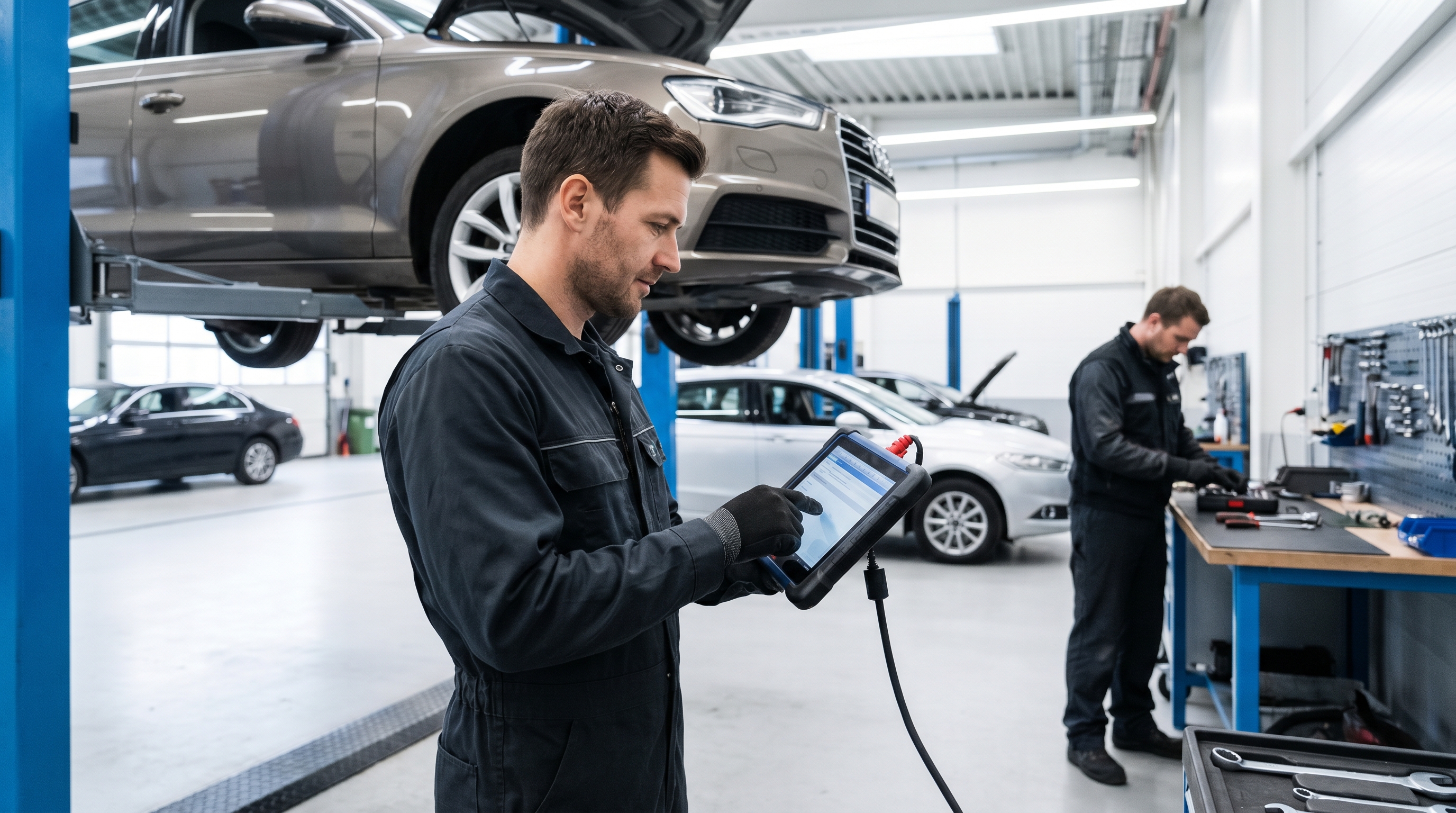 Mechanic plugging an OBD-II diagnostic scanner into a car's port under the steering wheel.