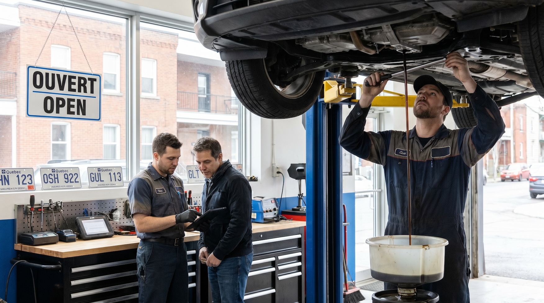 Mechanic draining engine oil from a car in a Quebec garage bay