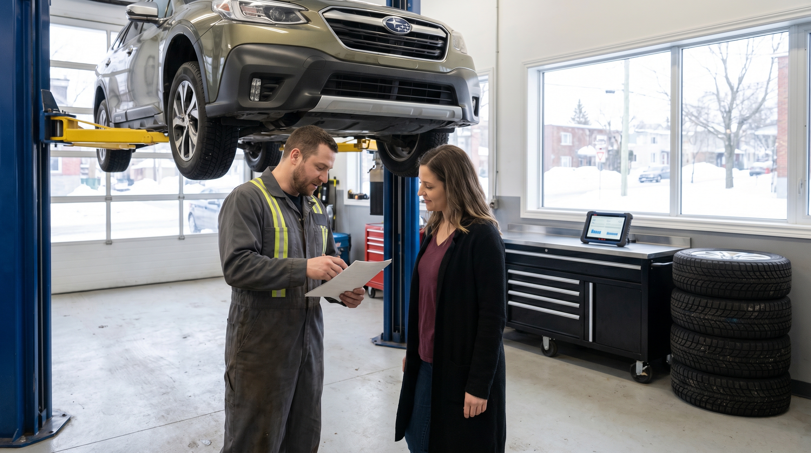 Mechanic inspecting the undercarriage of a car on a lift in a Canadian garage