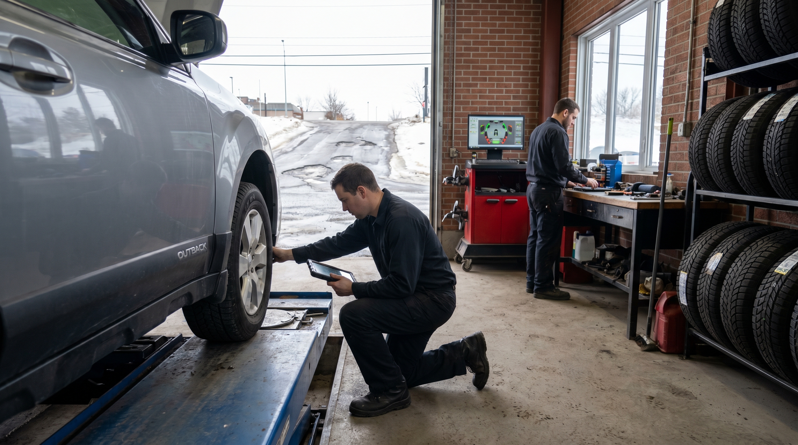 Mechanic inspecting a cracked alloy wheel and damaged tire sidewall on a car hoist