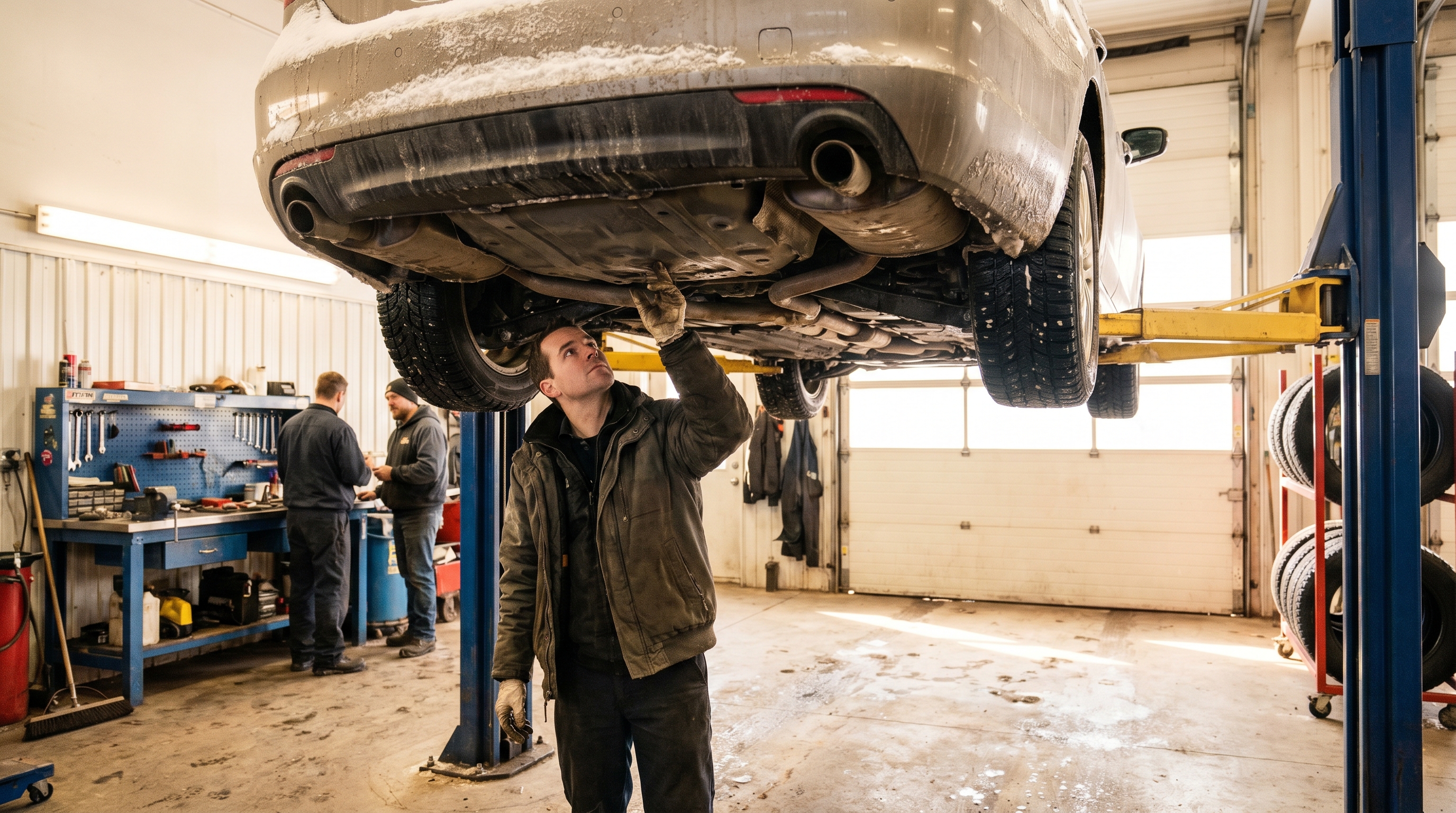 Mechanic applying a dark rustproofing spray to the undercarriage of a vehicle on a hoist