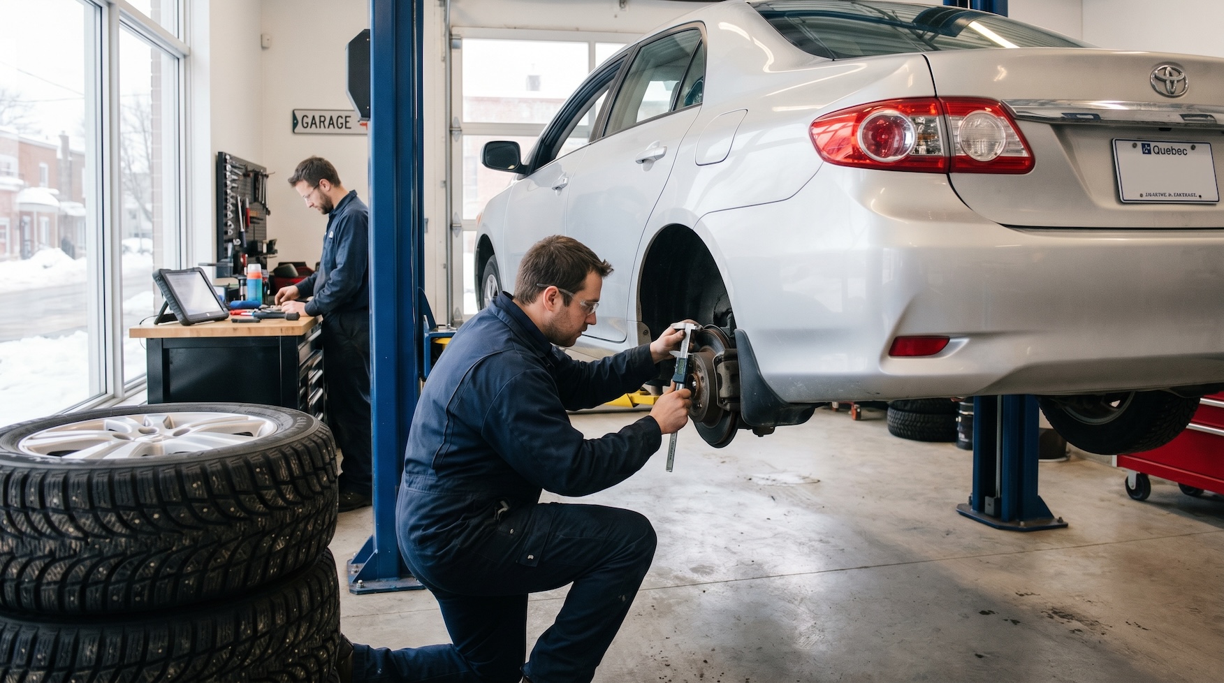 Mechanic inspecting the underside of a car on a hoist in a Quebec garage