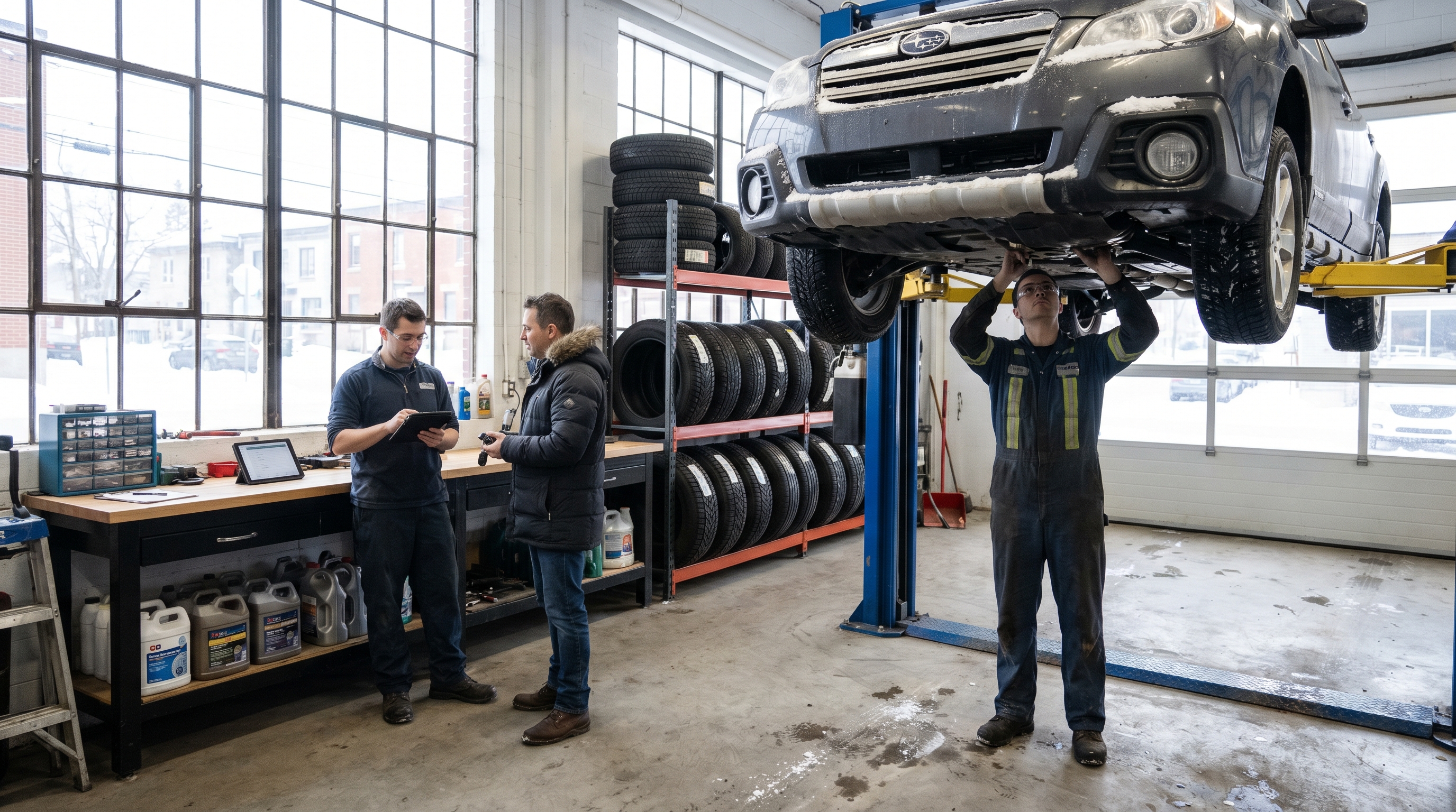 A Canadian mechanic inspecting the underbody of a vehicle on a hoist, holding a flashlight, with road-salt residue visible on chassis components in a garage setting.