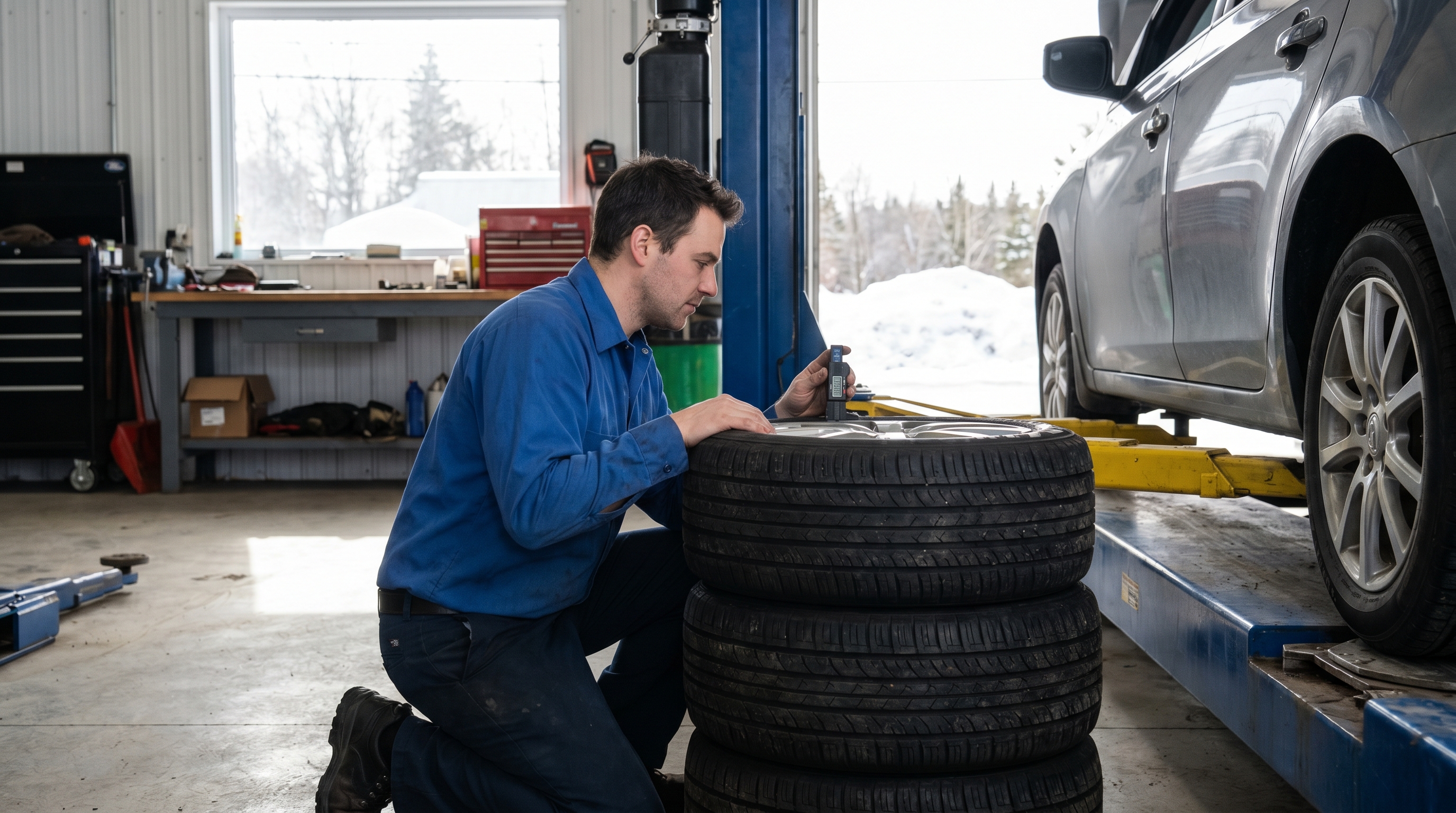 A mechanic installing a summer tire on a car in a bright garage bay