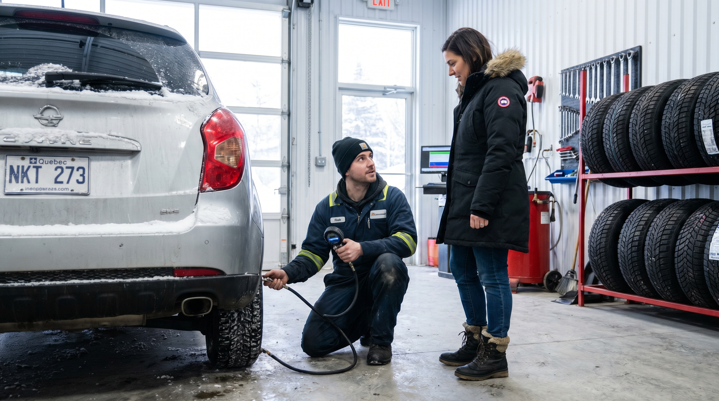 A person using a handheld tire pressure gauge on a car tire in a snowy Canadian driveway.