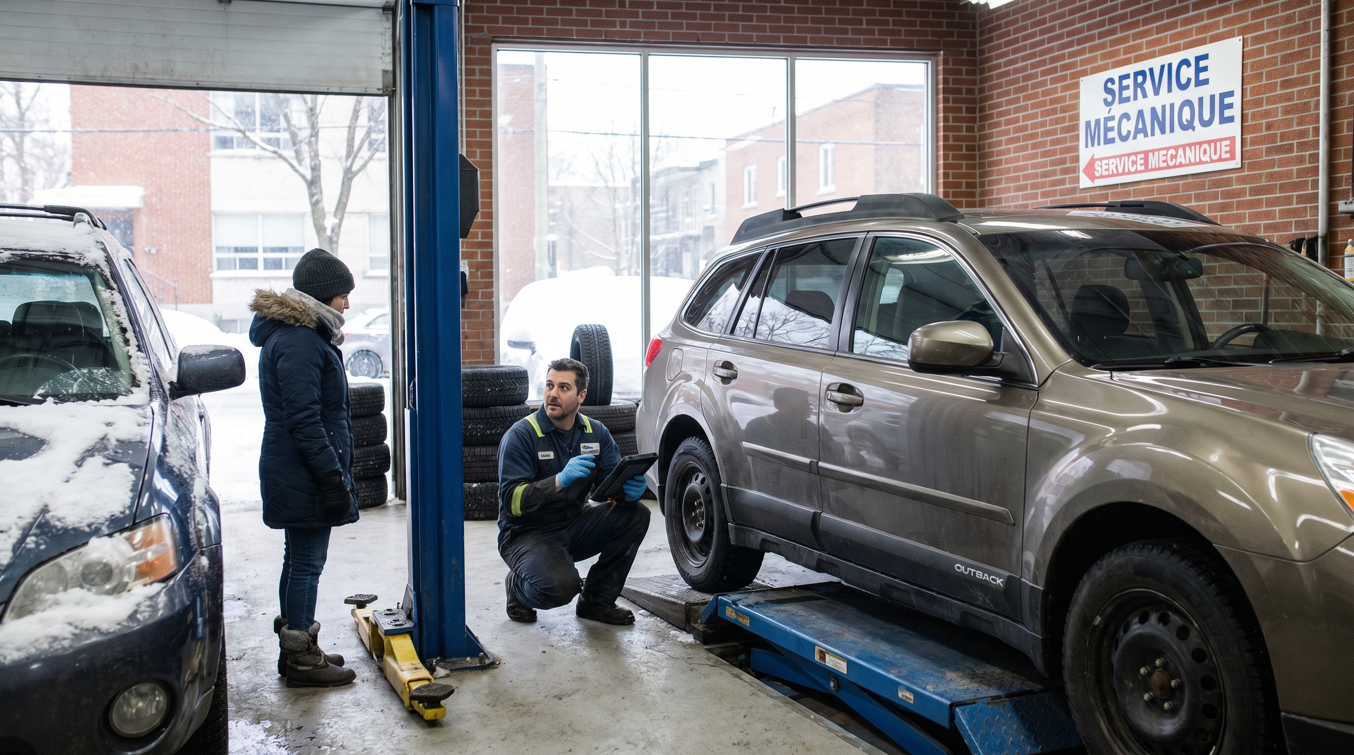 Mechanic performing a vehicle inspection on a hoist, examining the undercarriage and brakes of a used car.
