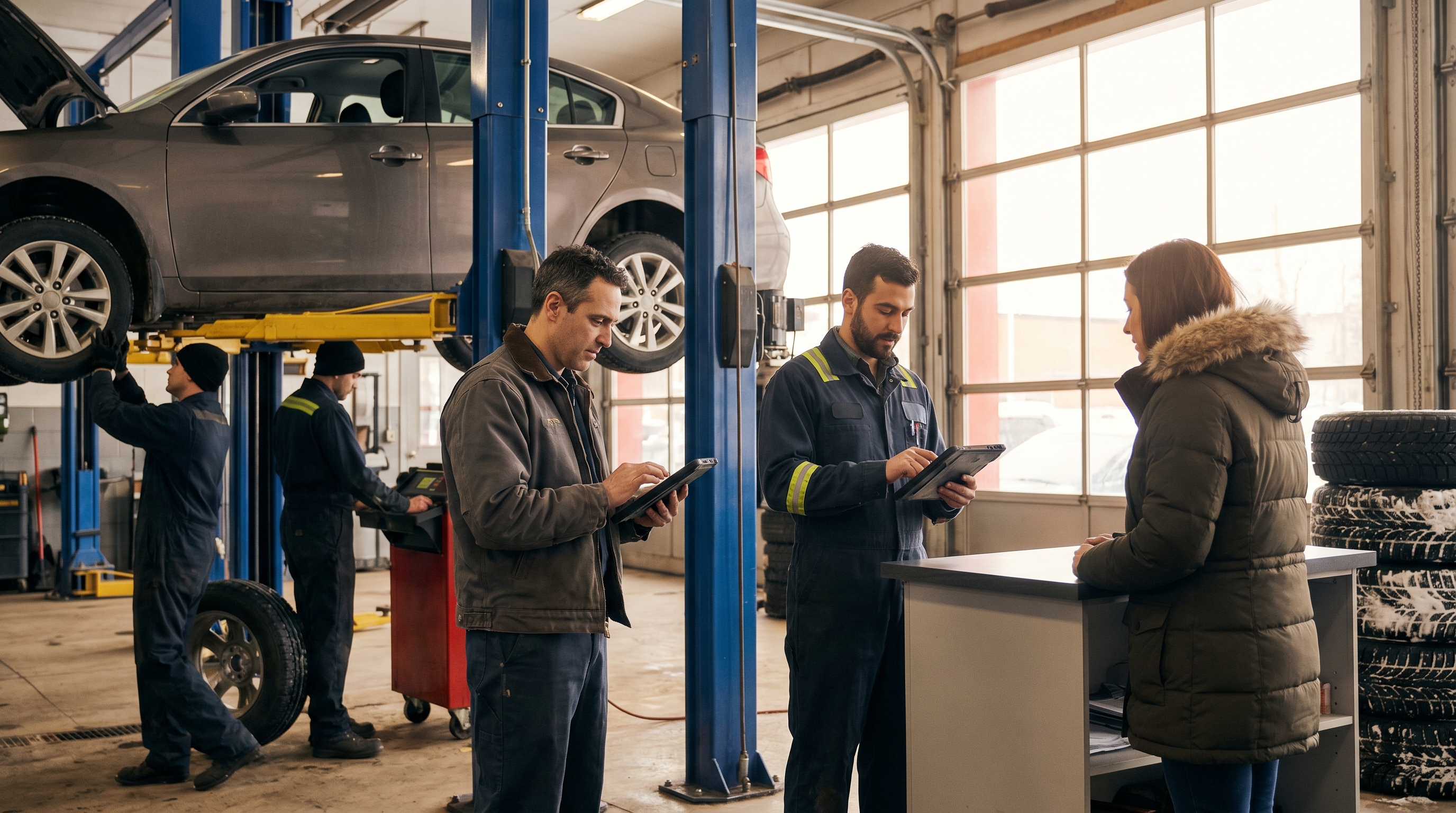 Mechanic using a checklist to perform a vehicle safety inspection in a Canadian garage