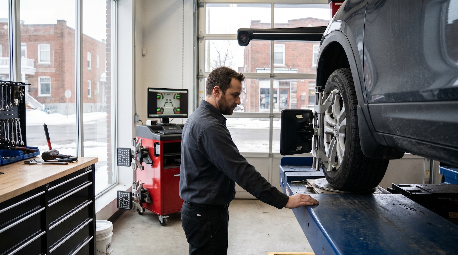 Mechanic checking wheel alignment angles on a car using a digital diagnostic machine in a Quebec garage.