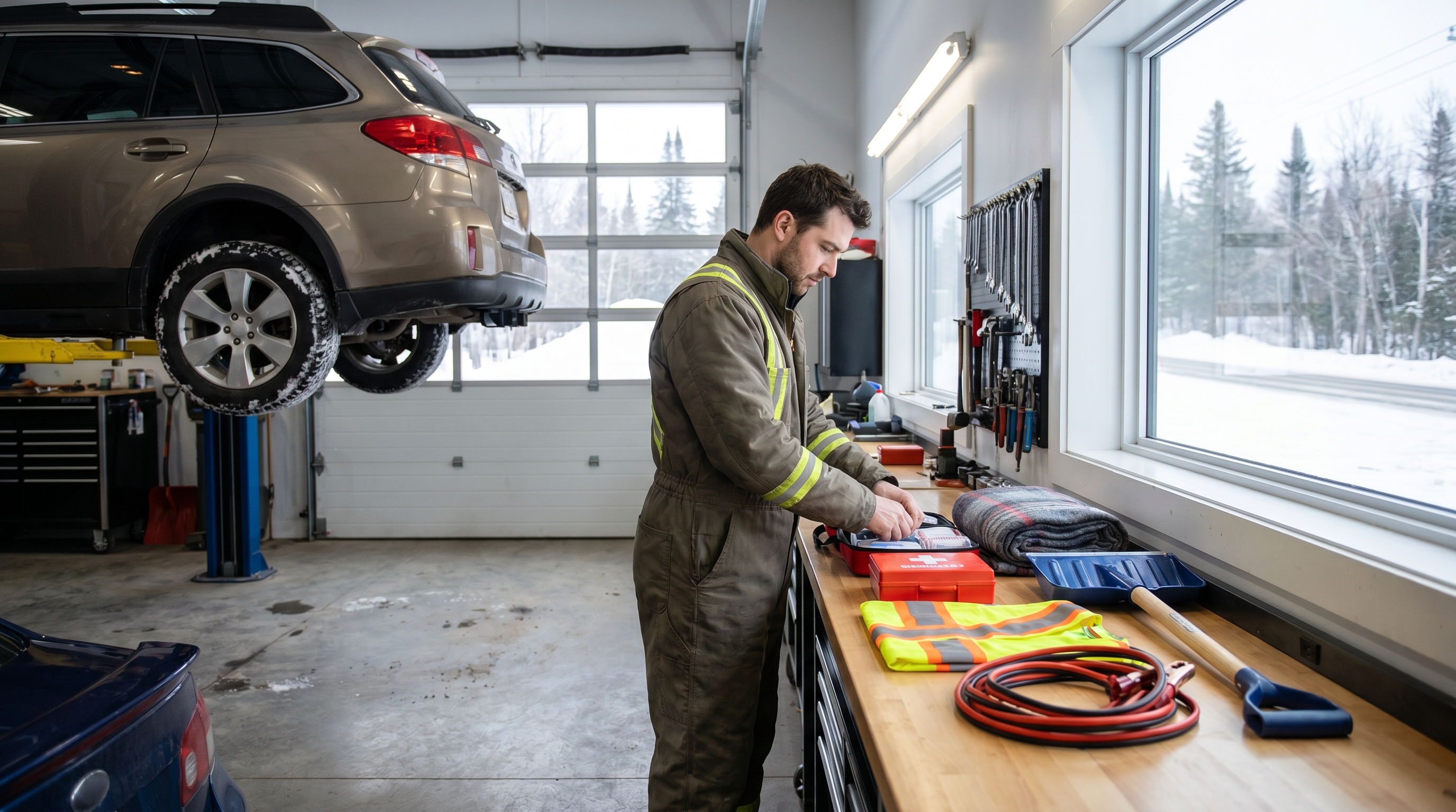 Open trunk of a car in winter showing a red roadside emergency kit bag, a folded wool blanket, a portable jump starter, and a red folding shovel in the snow.