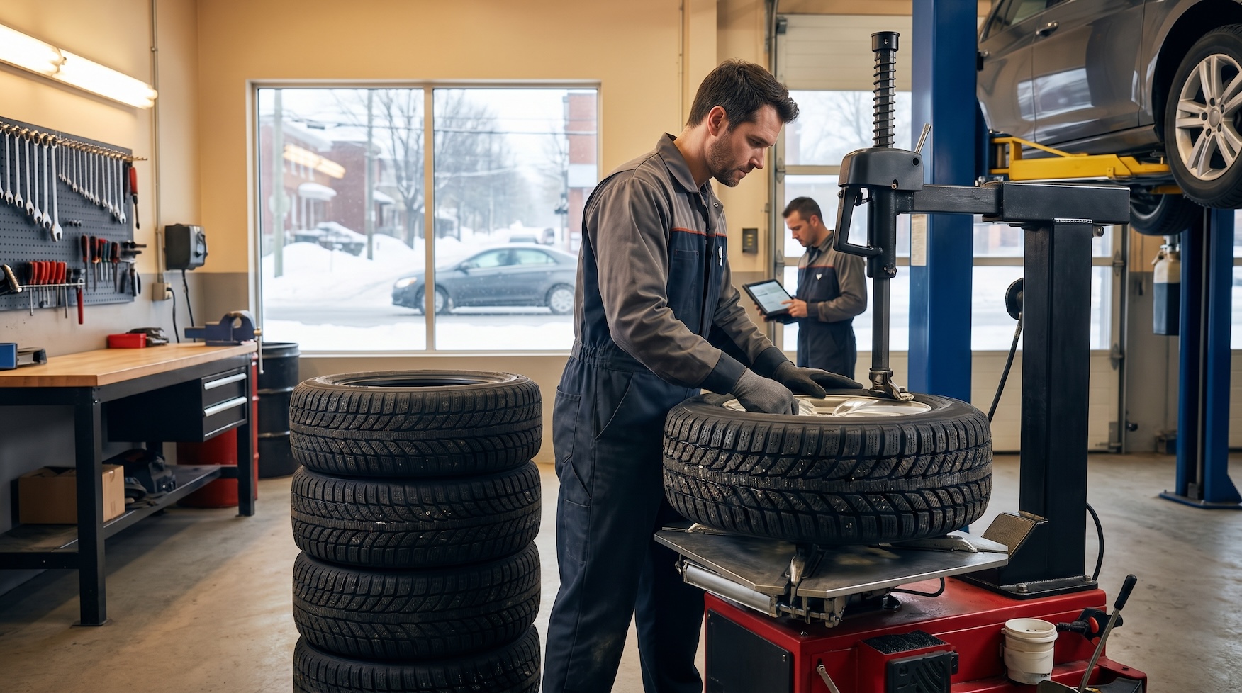 A Quebec mechanic installing a winter tire on a vehicle in a garage bay during late autumn, with snow on the ground outside.